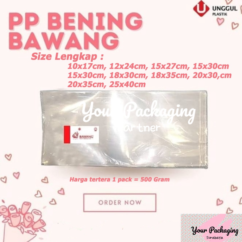 [BQ0] PP Mika Bening Kaca Bawang Size Lengkap Kantong PP Mika Bening TEBAL  0.10 Micron 500 Gram Mur