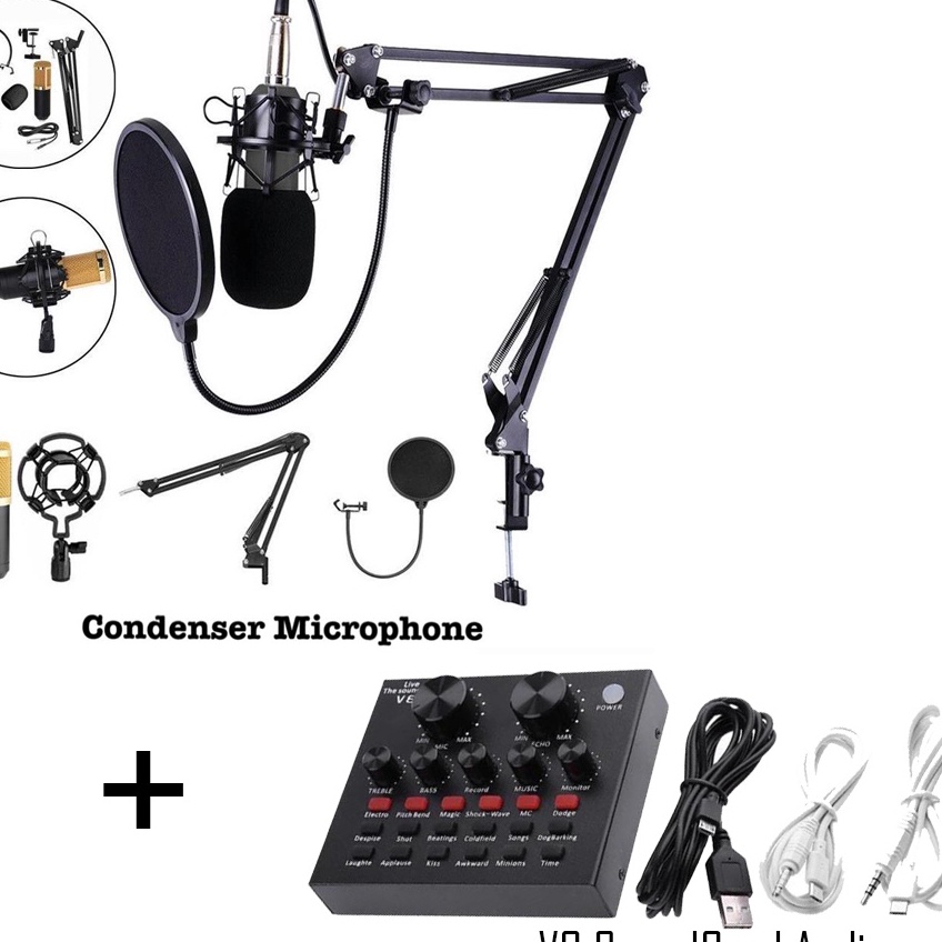 ￣ PAKET 1 SET KOMPLIT Condenser Michrophone + SOUNDCARD V8 & SOUNDCARD V8S BLUETOOTH i Produk Premiu