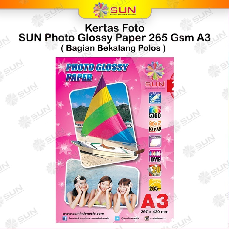 

ZLKJ-74 Kertas Foto Glossy A3 - SUN Photo Glossy Paper A3 Ketebalan 210, 240, 265 gsm ( Support epson/canon/hp/brother ori (dye ) - 664, 003, 673, 001 ) 262