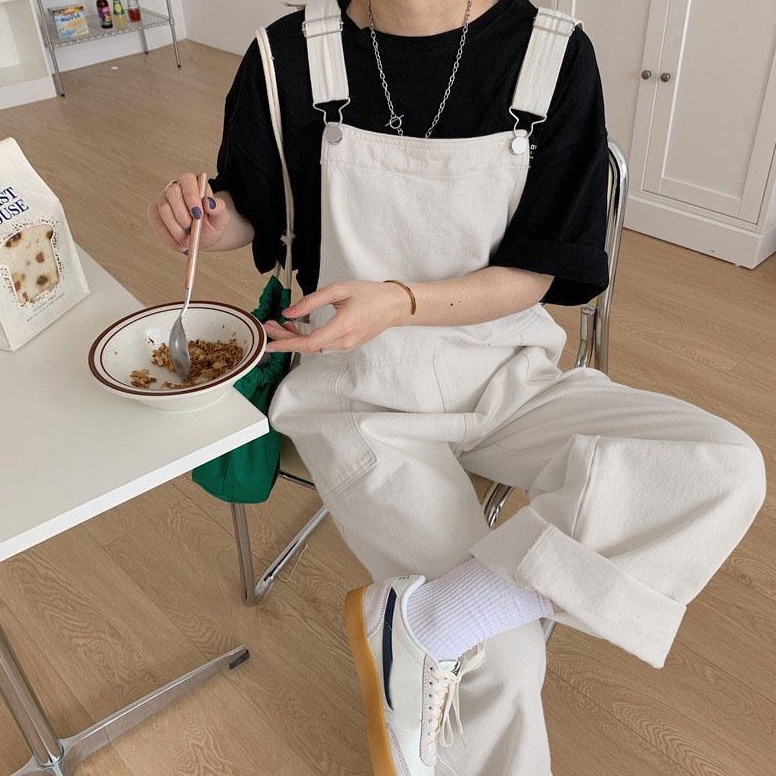 trxw3W7i Korea Style Retro Celana Jumpsuit Jeans Wanita High Waist Loose hitam gelap/Jumpsuit jeans 