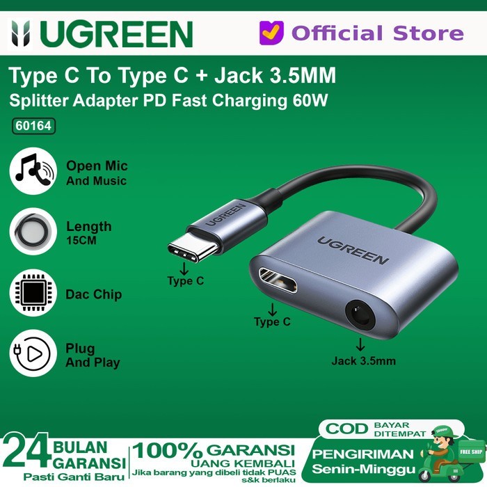 UGREEN Adapter TypeC to 3.5MM+TypeC Audio Charging Converter 60164
