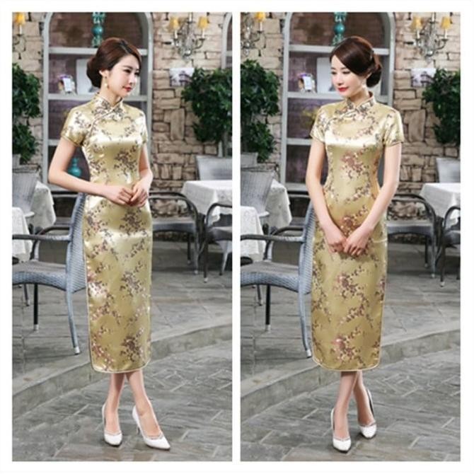 Early Cheong Sam Dress Cheongsam Zhongsan Hanfu Qipao Panjang Gold Kuning