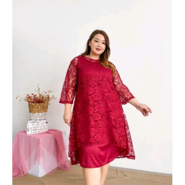 Early Bm - Shen Red Brocade Dress Cheongsam Jumbo Baju Wanita Imlek Bigsize