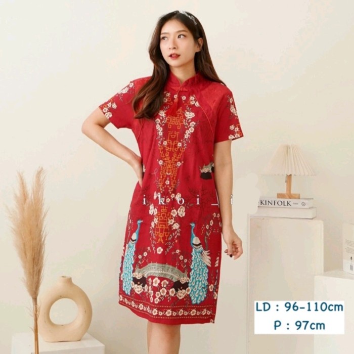 Early Bm - Dress Cheongsam Wanita Red Peacock Cny Baju Imlek Ccm