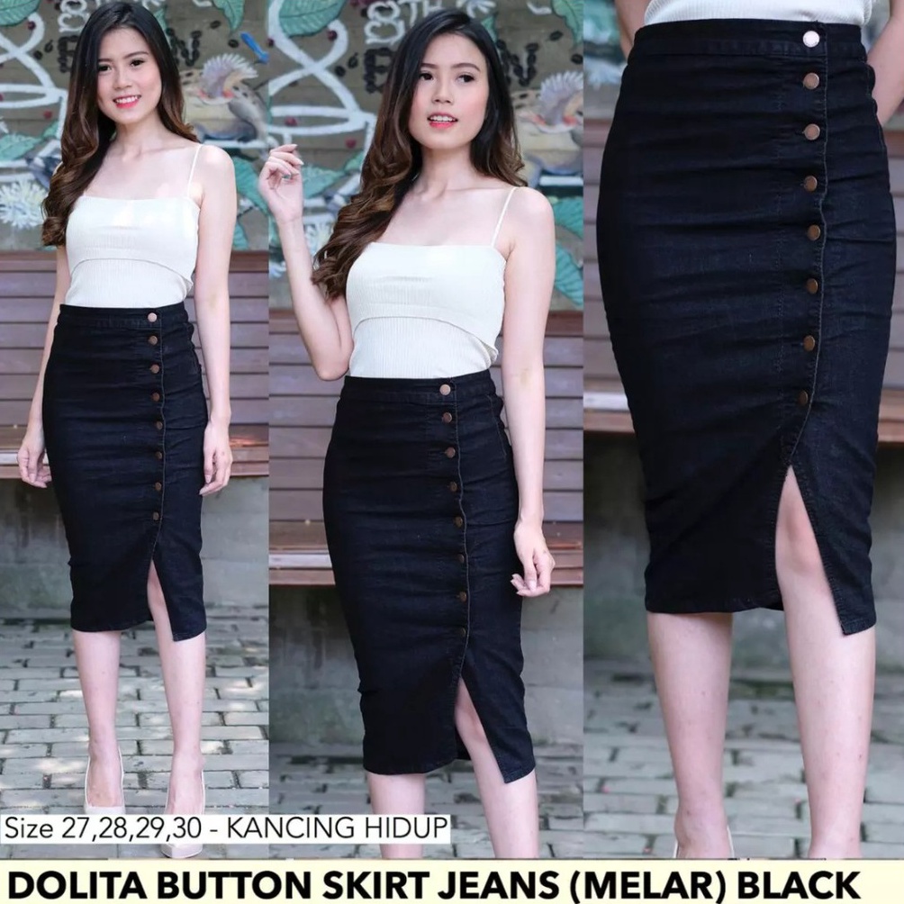 Cash Back Rok jeans span pendek full kancing Rok span hitam Rok span pendek jeans wanita 304