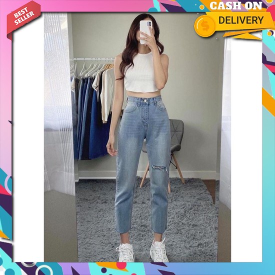 Clana Jin Highwaist Celna Jens Wsnita Celana Jins Sobek Wanita Kulot Panjang Celana Jeans Wanita Hig