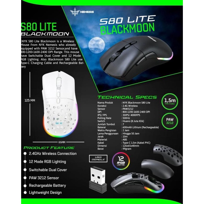 Mouse Gaming Wireless NYK Nemesis S80 Lite Blackmoon