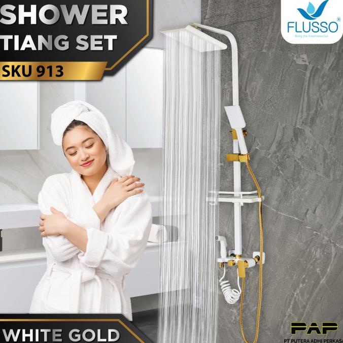 Buruan serbu] FLUSSO shower tiang set minimalis white gold / putih Kran Panas Dingin