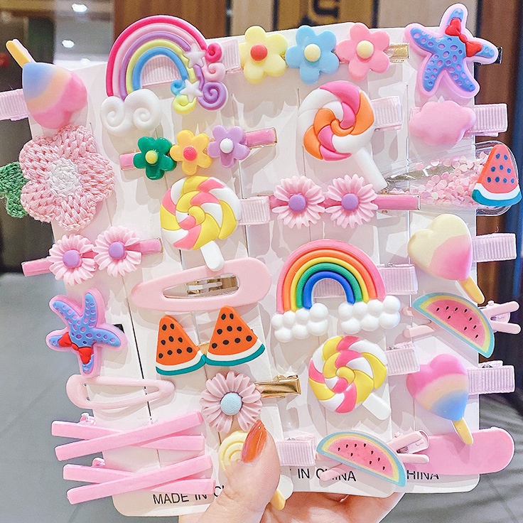 SNQC0362 Ready Stok Klip Rambut Anak -anak 14 Potongan Kartun Lucu Putri Pink Headdress Gadis Kecil 