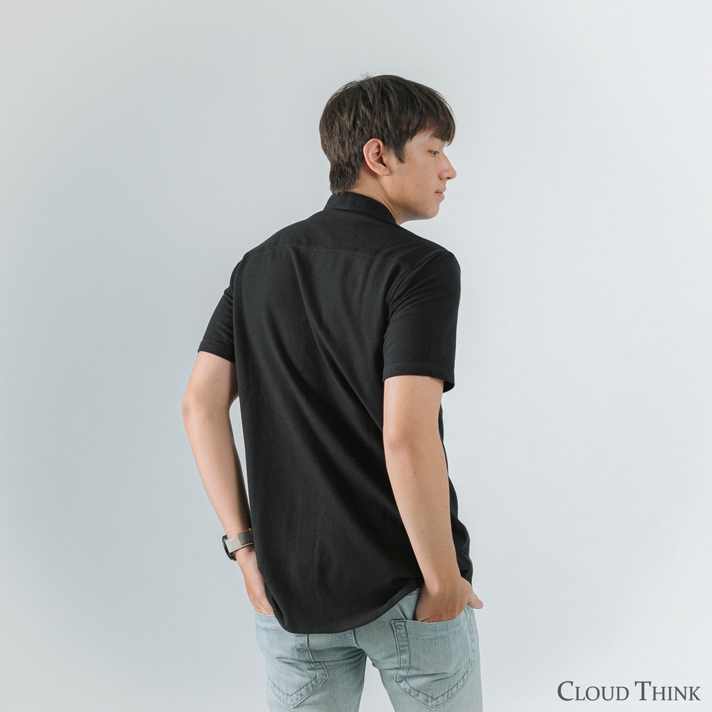 Kemeja Sanghai Original Lengan Pendek Polos Cassual Distro Kain Tebal Pique Warna Hitam