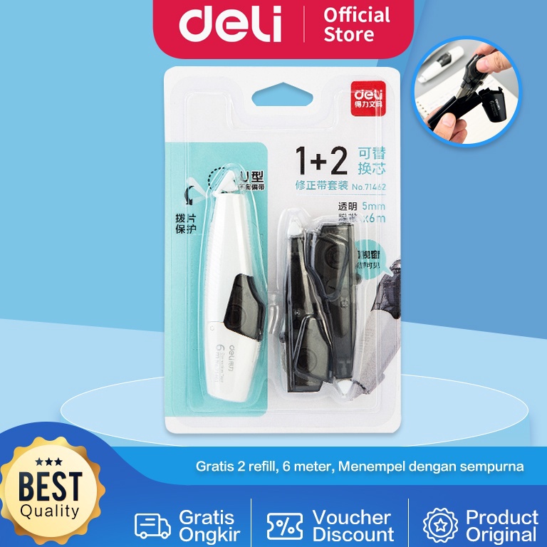 

[PROMO KAP3] Deli Correction Tape / Pita Koreksi Tip Ex Kertas 6 Meter Gratis 2 Refill 71462 182