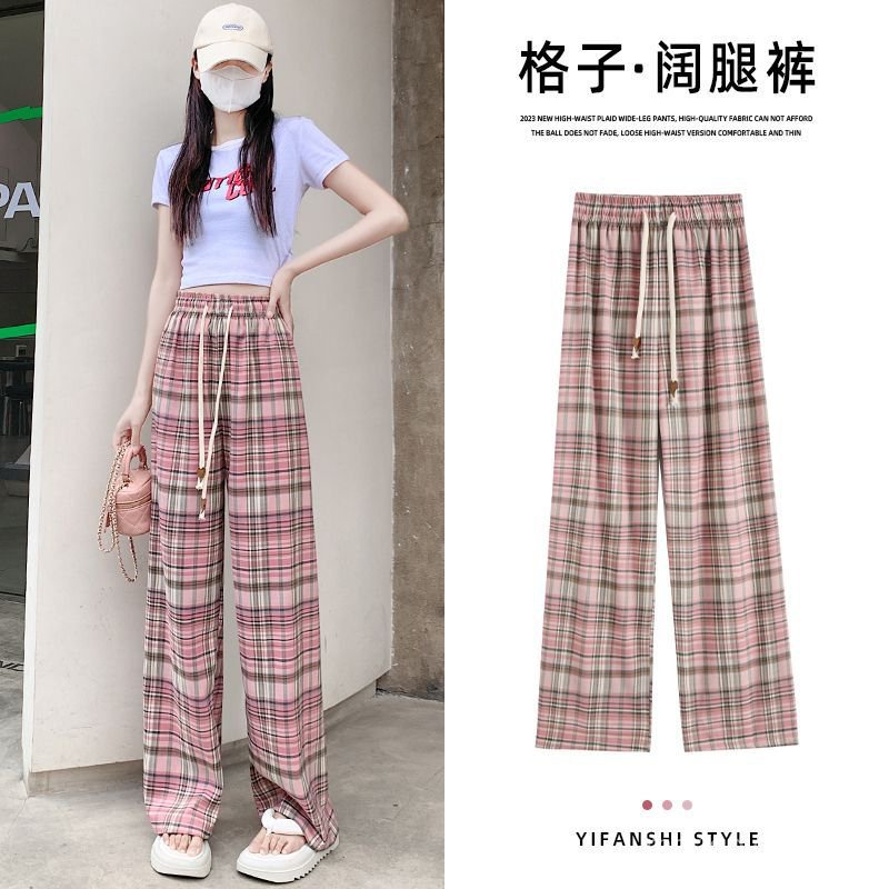 Oversize Celana wanita kotak-kotak kasual longgar panjang celana kaki lebar wide leg pants merah mud