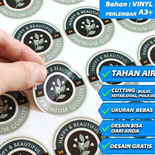 

[CODE BARANG 269ETA] CETAK STIKER VINYL TAHAN AIR LABEL KEMASAN PERLEMBAR A3+ CUTTING IVZ