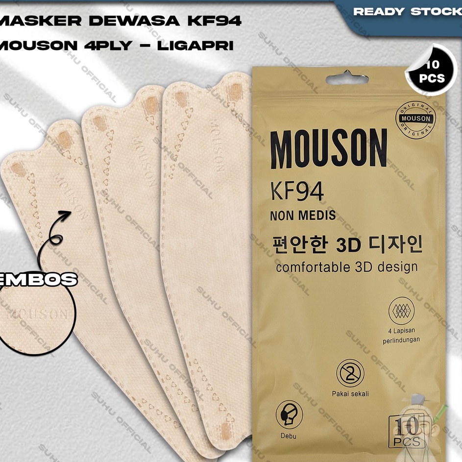 ←✻ Masker KF94 MOUSON 4Ply isi 10Pcs Light Apricot Cream Korea KF 94 4 Ply Earloop Surgical Mask Bar