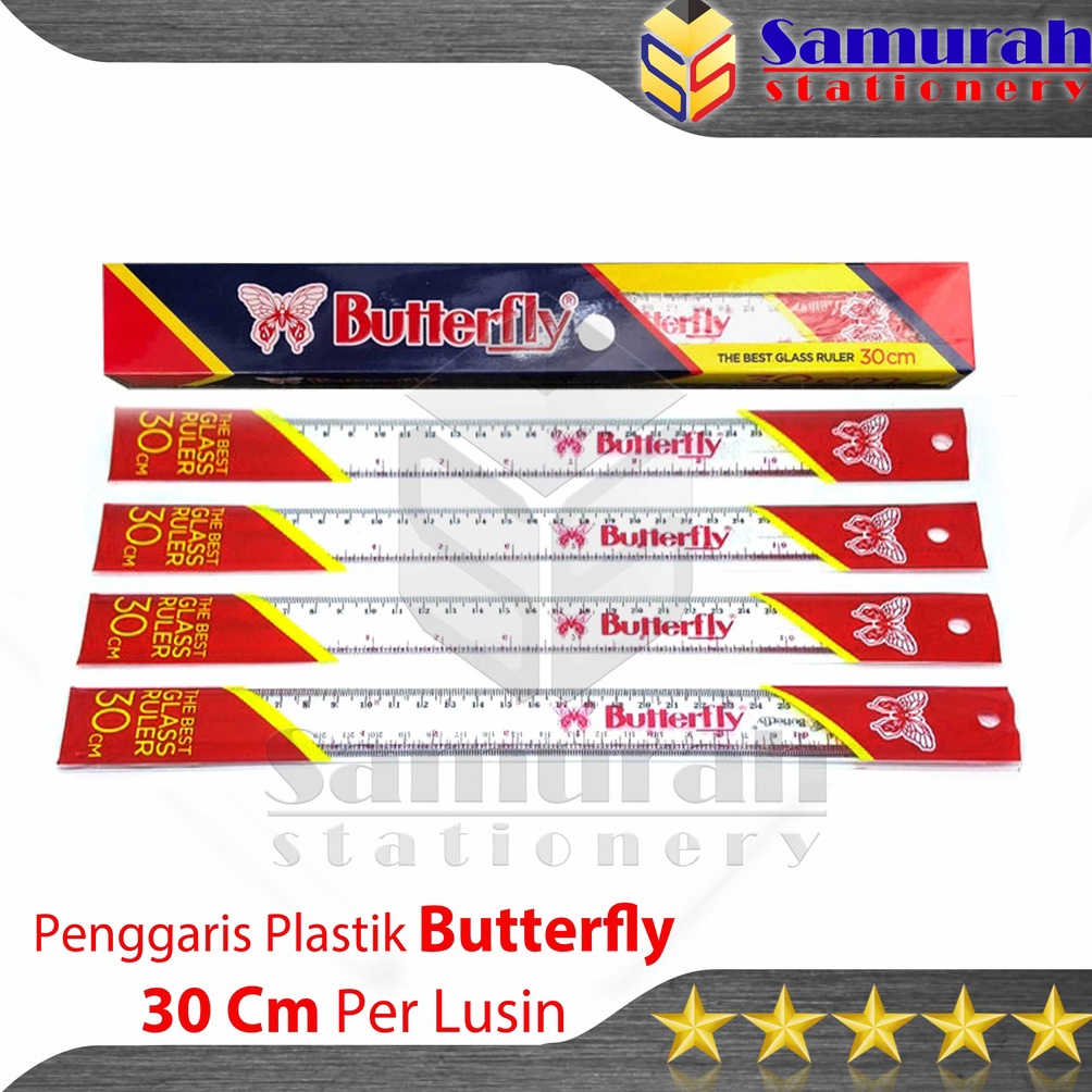 

Banyak Stok Penggaris Plastik Buterfly 30 cm Per Lusin / Mika Glass Ruller ButterFly / Alat ukur panjang 30 centimeter 1 Pak 36