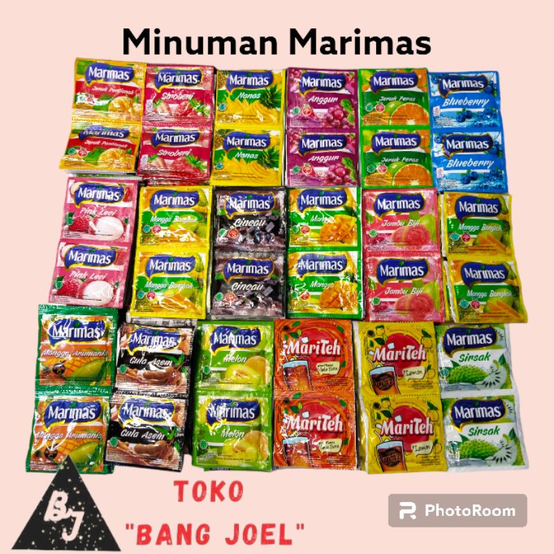 

Marimas Saset Rencengan / Serbuk Minuman Instan Sachet / Marimas Anggur / Marimas Cingcau / Nanas / Blueberry / Pink Leci / Gula Asem / Stroberi / Jambu / Jeruk Pontianak / Jeruk Peras / Mangga Bangkok / Mangga / Mangga Aromanis / Melon / Sirsak