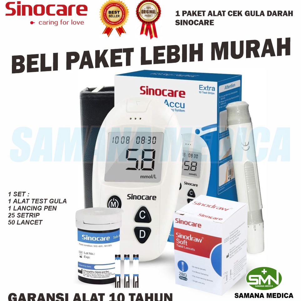 ➯Stok Banyak PAKET Murah Sinocare Sinoheart Safe Accu 1 Alat Tes Gula Darah Glukosa 1 Paket Lengkap (1 Buah Alat - 1 Buah Pen Lancet - 1 Kotak Jarum -  28G, 25pcs Strip Gula)) T48