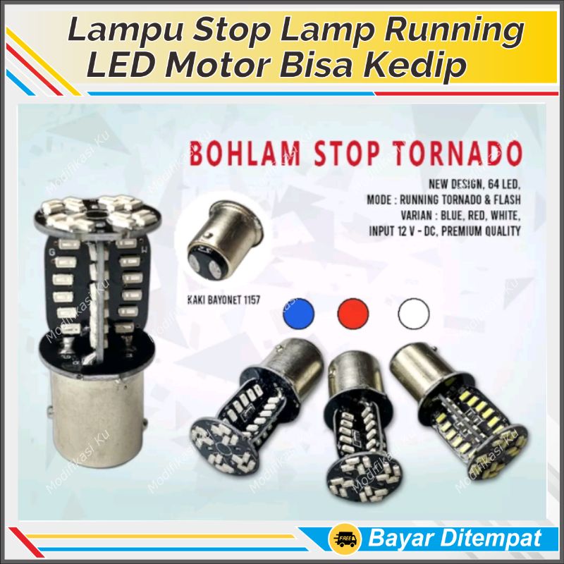 LAMPU REM MOBIL MOTOR LED KEDIP BERPUTAR TORNADO RUNNING RGB PELANGI KAKI 2 BAY15D SUPRA JUPITER KHA