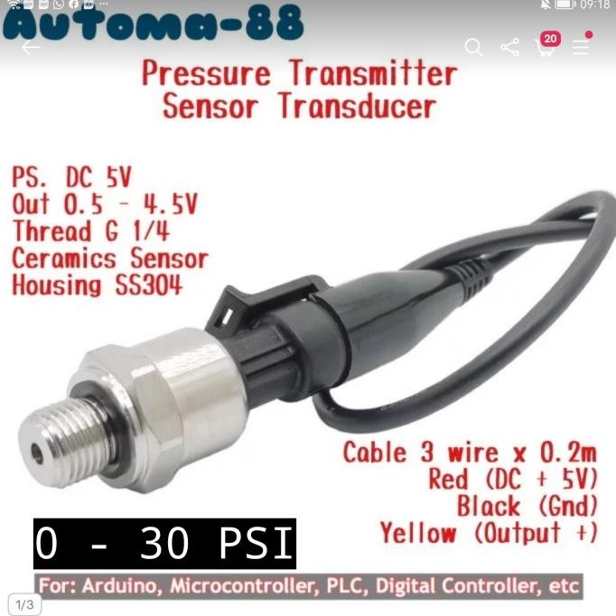 Pressure Transmitter DC 5V Sensor Tekanan 0-30 psi 30psi 3 wire