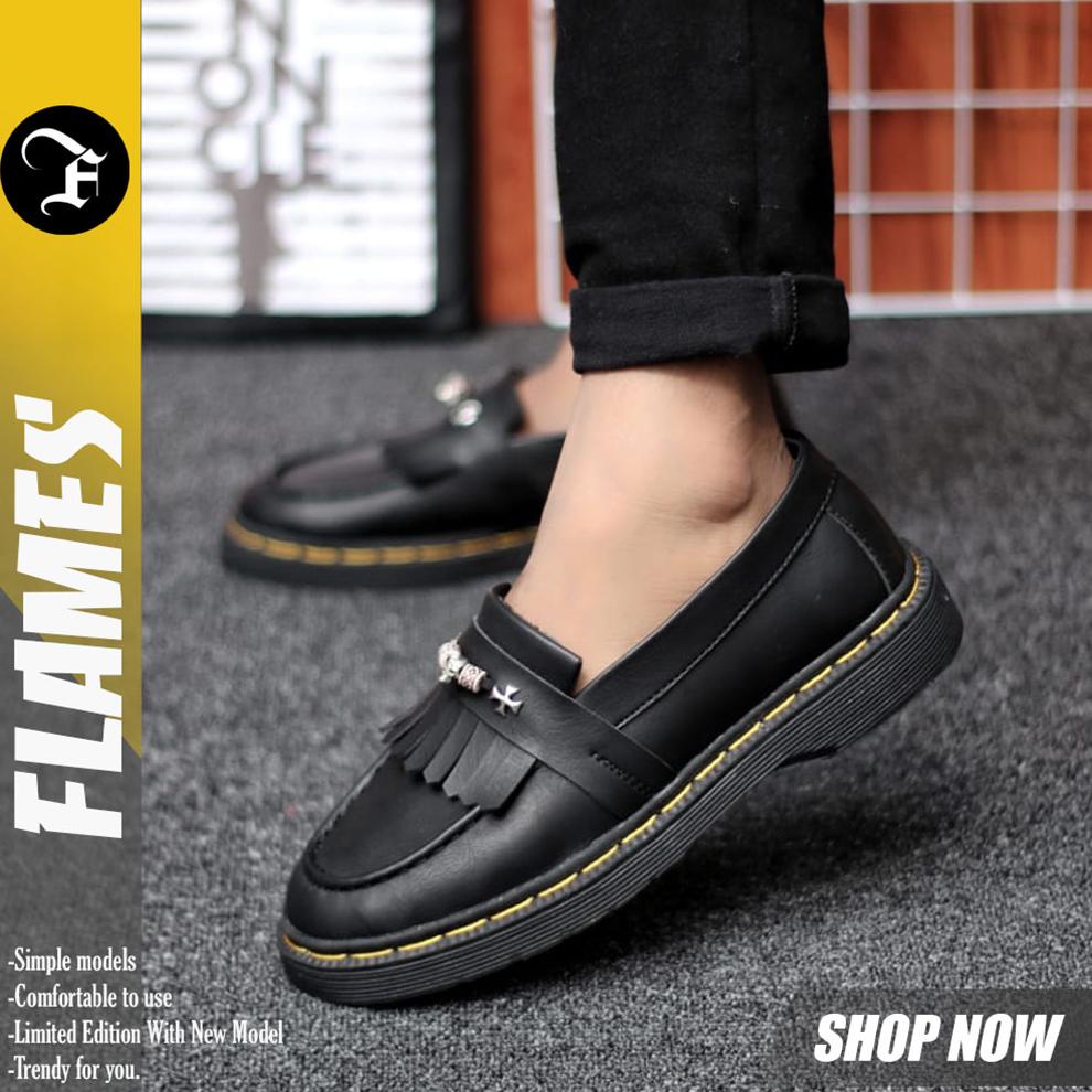 Sale Flames Akesi - Sepatu Loafers Docmart Pria Casual Formal Pantofel Kerja Pria Hitam Promo Qny583