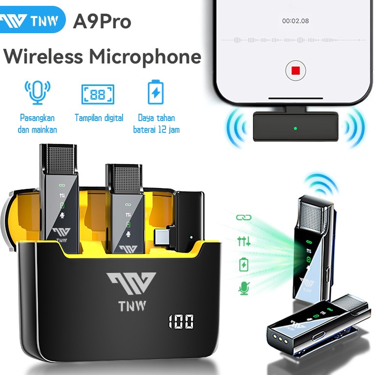 TERPERCAYA TNW A9Pro/A8Pro Microphone Wireless Mic Wireless clip on Microphone youtuber suara jernih Mic bluetooth Tanpa kapel mic wireless original 2 mic untuk Live Vlog Youtube Tiktok