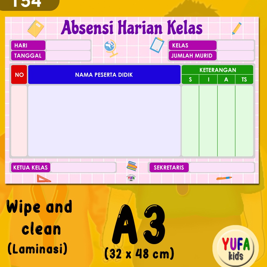 Seller★ 154 Poster Absensi Kelas - Poster Edukasi Anak - Poster belajar anak - Poster wipe and clean