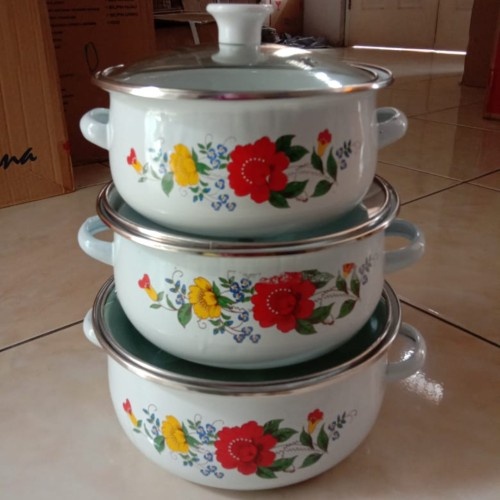 Panci Bunga 3 Susun Panci Enamel Tutup Kaca Motif Bunga