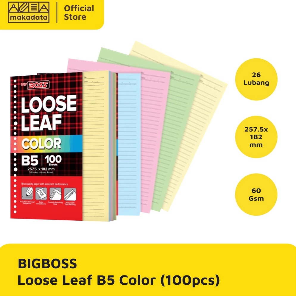 

ukof -20 LOOSE LEAF COLOR / KERTAS BINDER B5-100 BIG BOSS WARNA MURAH 52