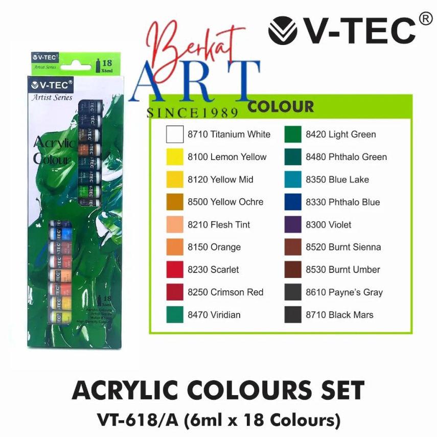 

➷Terlaris➯ V-TEC ACRYLIC COLOURS 18 WARNA / CAT AKRILIK V-TEC SET 6ML T39 ✶