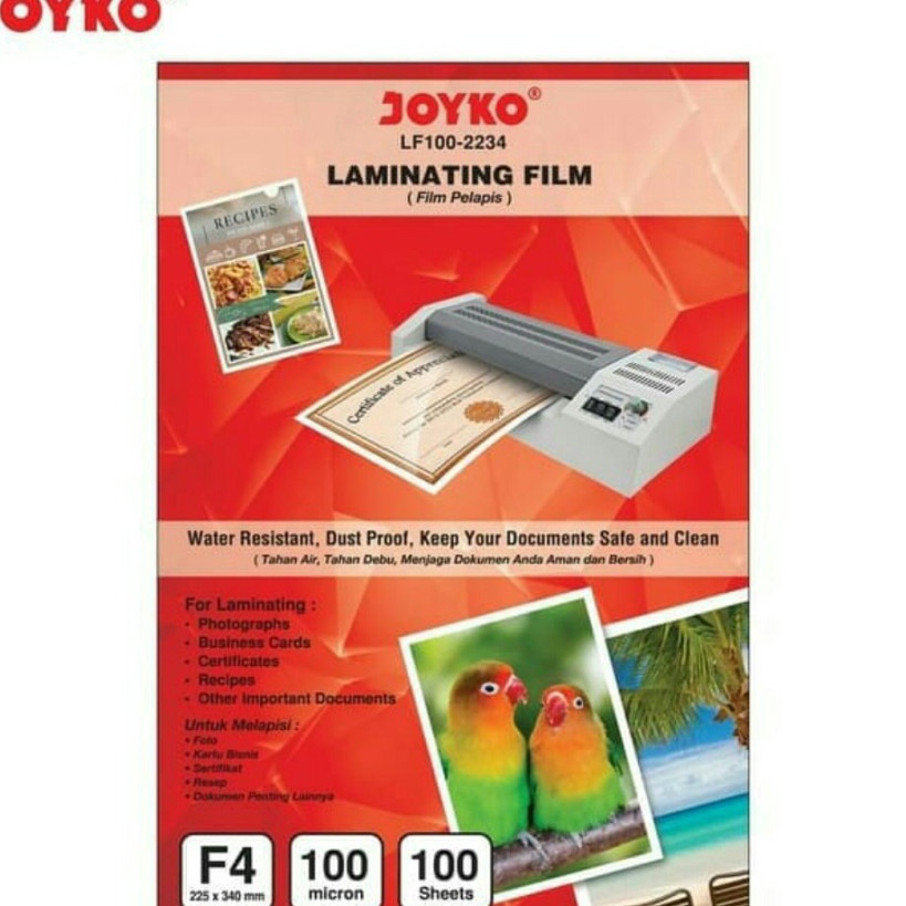 

➝Terlaku. PLASTIK LAMINATING JOYKO F4 MICRON LF100 2234 HARGA 10 Lembar N90 ↕