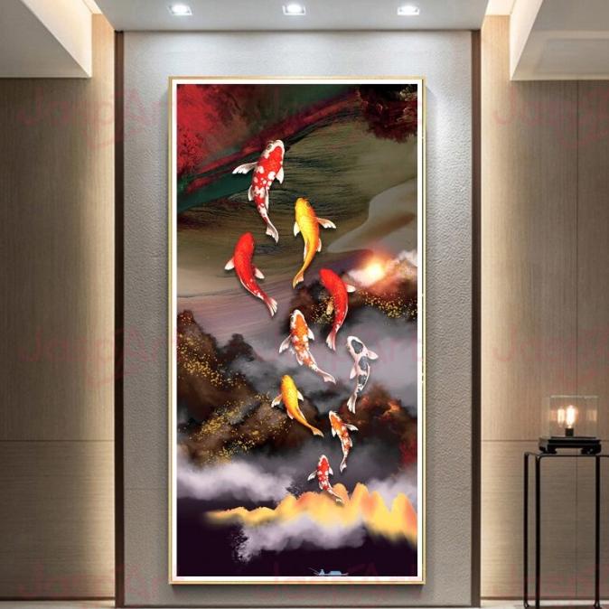 Lukisan Fengshui Imlek Fengshui Painting LED 9 koi in lotus pond