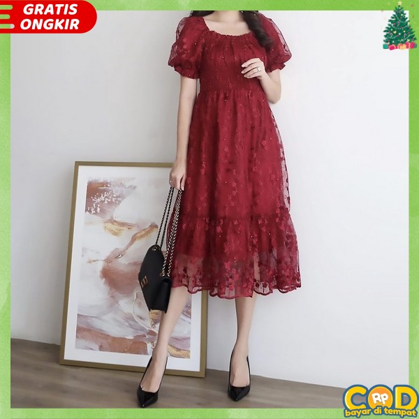 Ukuran M L Xl Xxl Tile Bordir Brukat Murah Terbaru 2024 Dres Natal Pesta Tulle Tule Polos Dress Bruk
