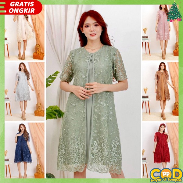 Drwss Wanita Brukat Premium Formal M L Xl Brukat Tile Bordir Gliter Tulle Brokat Dres Pesta Imlek Ti