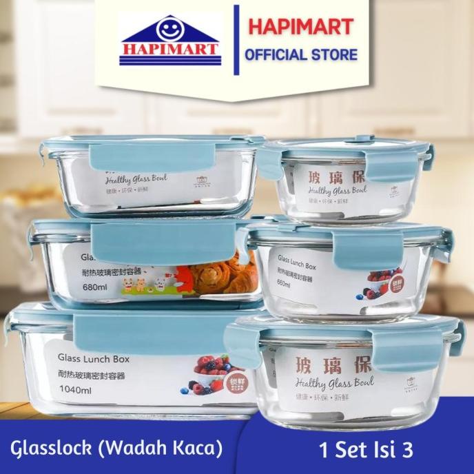 Glasslock Wadah Penyimpanan Makanan Kaca 3 in 1 Non Sekat Kedap Udara