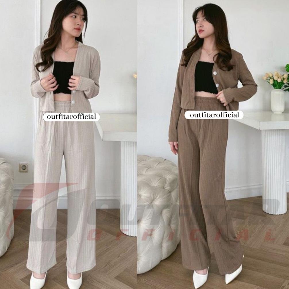 Setelan Wanita Crop Dan Celana Kulot Set Casey Premium Knit (Cardi+Pants)