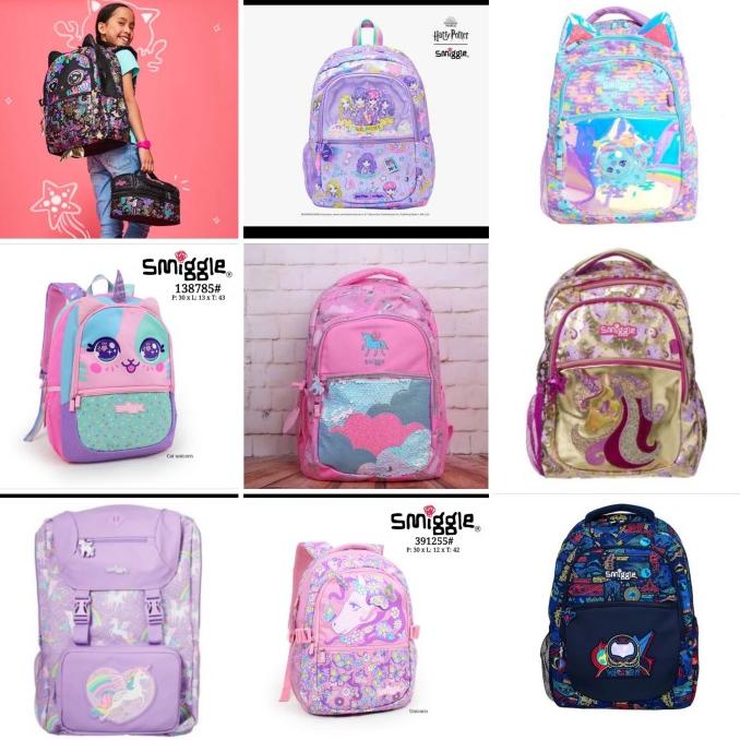 Ready Stok Tas Smiggle Ori Backpack kitty, unicorn, cat black, galaxy