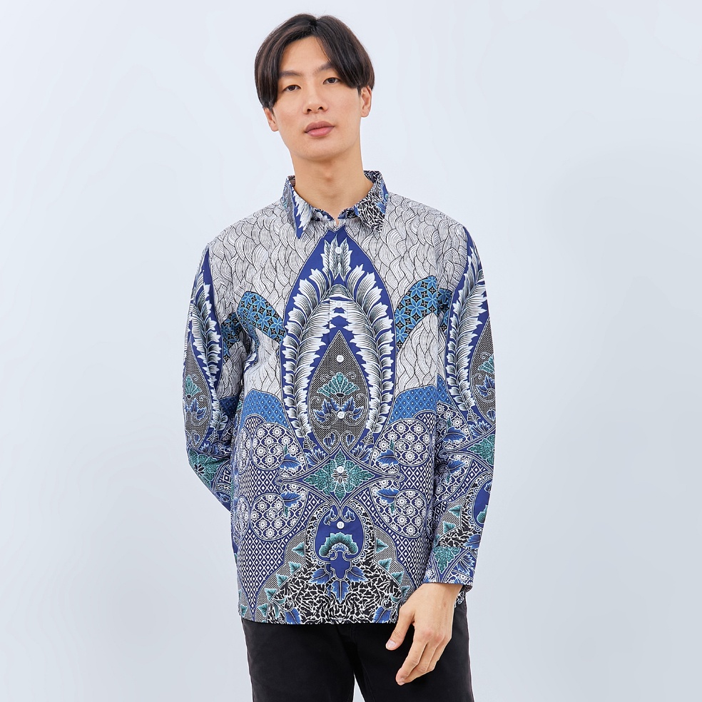 ち M231 Kemeja Pria Batik Panjang Biru 1722B ↭