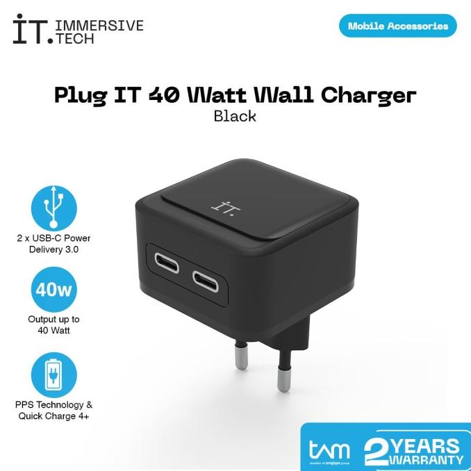 Plug IT 40 Watt Wall Charger - Black