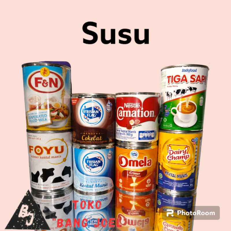 

Susu Kaleng / Susu Cair Kaleng / Frisian Flag Susu Kental Manis / Dairy Champ SKM / Indofood Tiga Sapi / Foti Krimer Kental Manis / Omela / F&N Susu Evaporasi