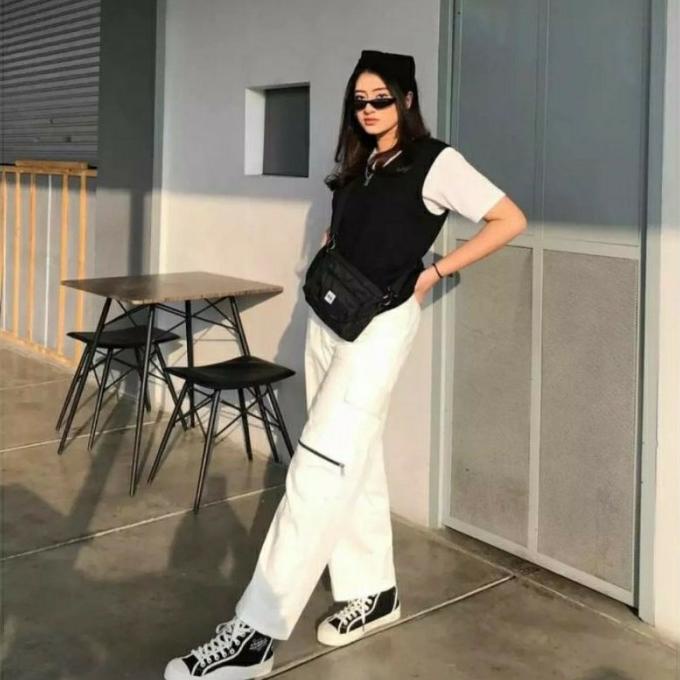 celana zipper pants cargo wanita free belt