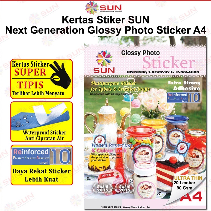 

Model Baru Kertas Sticker A4 - SUN NG Glossy Photo Sticker Ultra Thin, 90 Gsm & 140 Gsm, Foto Glossy Sticker ( Support printer epson/canon/hp/brother ori (dye ) - 664, 003, 673, 001 ) D41