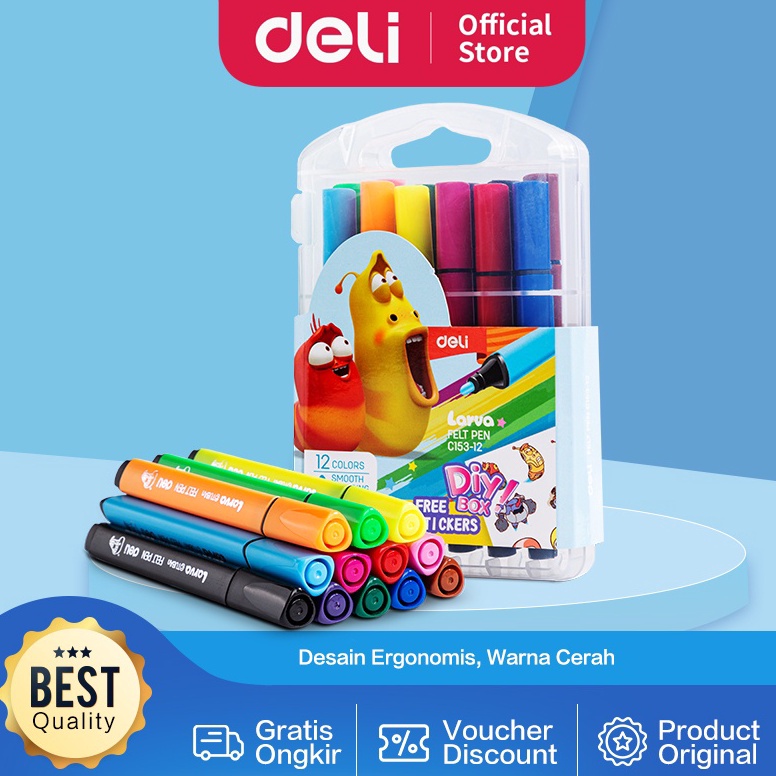 

[PROMO AN7J] Deli Larva Felt Pen / Spidol Warna 12/24 Warna Mudah Dicuci Warna Cerah dan Tebal EC153 0CV
