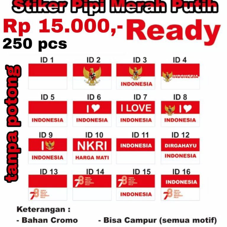 

[PROMO 5BKS] 250 pcs stiker tanpa potong , stiker pipi merah putih 0HR