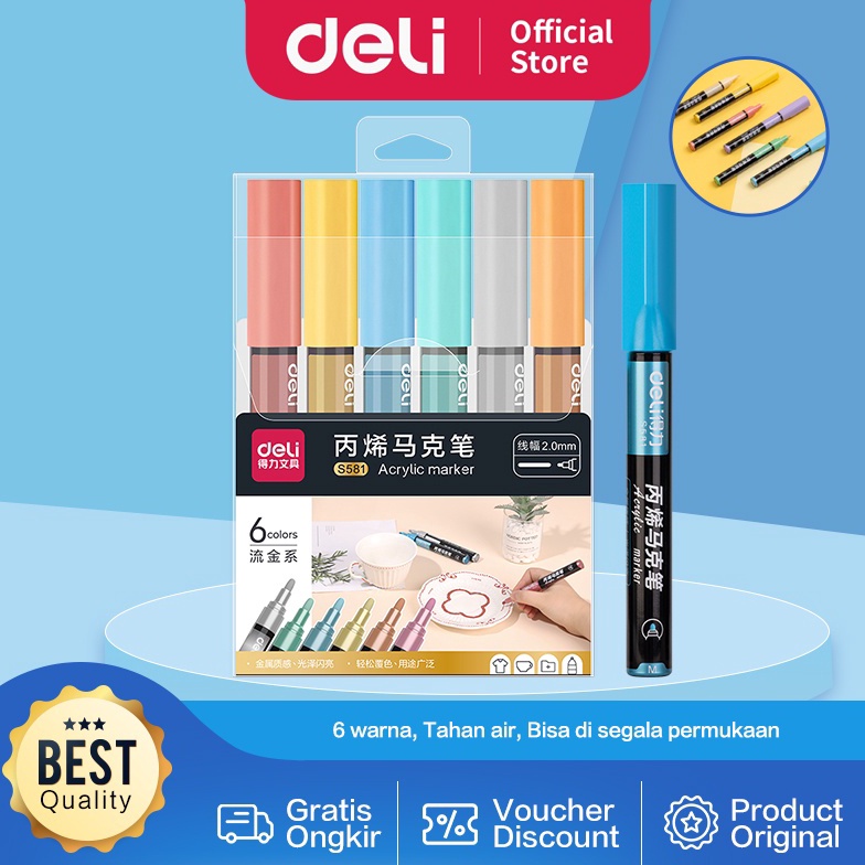 

✶Diskon↔ JKQST Deli Acrylic Marker / Spidol Akrilik Papan Tulis / Kaca 6 Warna Pastel atau Metalik Anti Air S58X K88 Sale