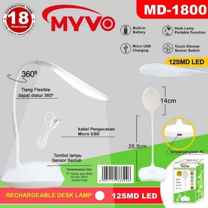Terlaris Lampu Meja Belajar Baca Sentuh Jepit Recharge Cas Flexible Myvo 1800