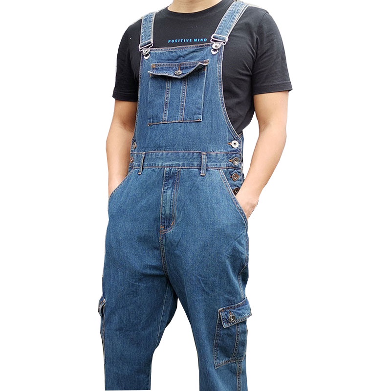 ♠✜Overall Denim Pria Overall Pria Jumpsuit Jeans Biru Lurus Tali Ukuran Besar dengan 7 Saku Ukuran L