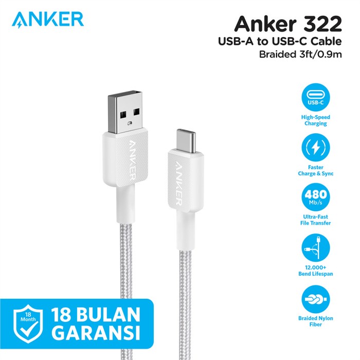 KABEL CHARGER ANKER USB-A TO USB-C 3FT - A81H5