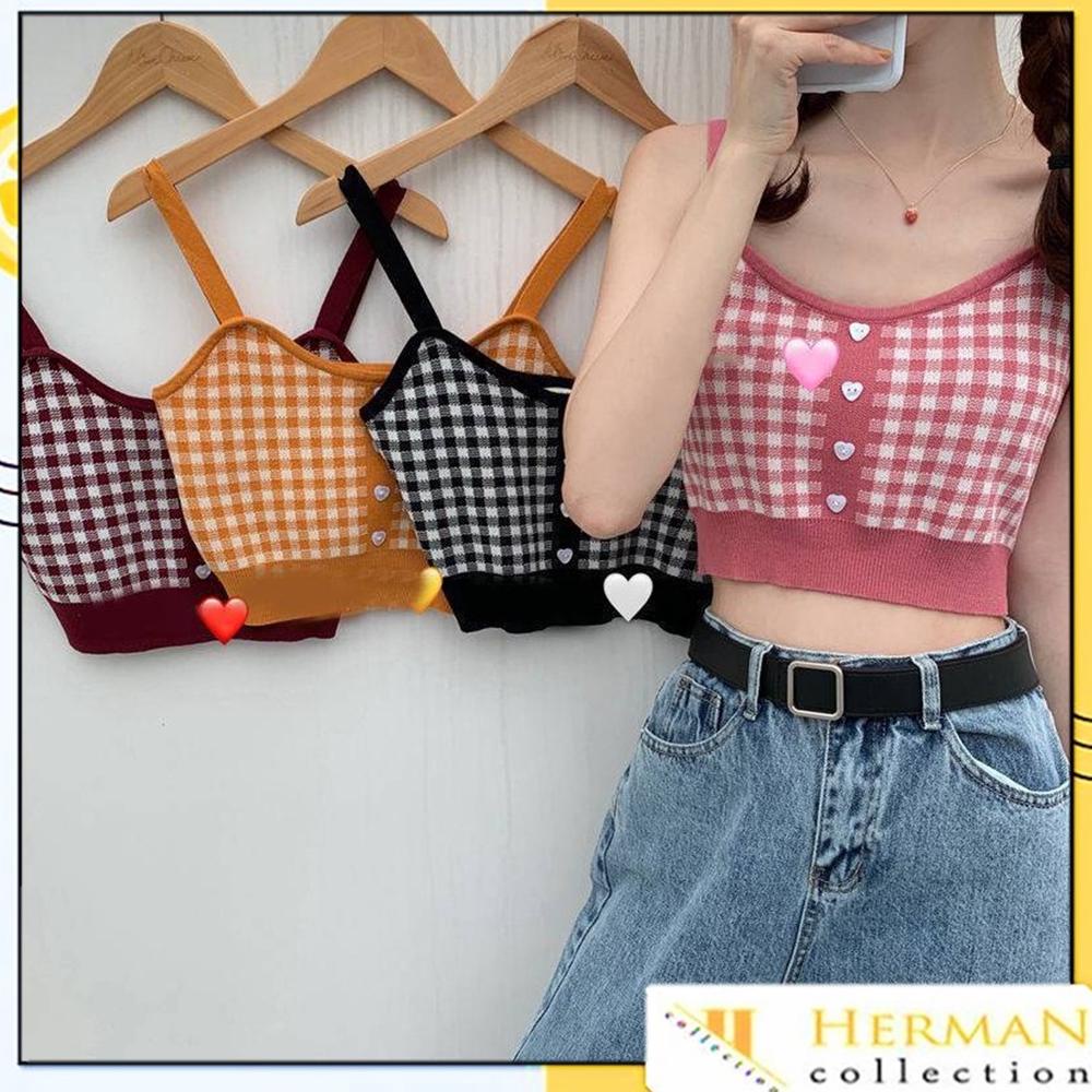 Promo Hc Tank Top Crop Wanita Motif Kotak - Kotak 6611 Korean Square Knit Tanktop Fashion Korea