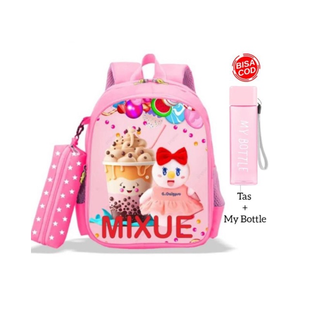 tas ransel mixue gratis botol minum tas anak karakter print mixue ( MIXUE MY BOTTLE)