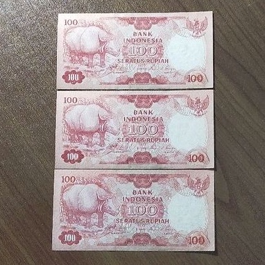 3 LEMBAR UANG KERTAS KUNO NOMOR SERI BERURUT Rp100 BADAK TAHUN 1977